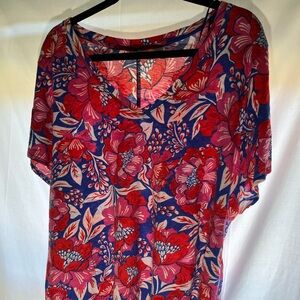 Sigrid Olsen Red White Pink and Blue Floral Designed V-Neck T-shirt Size 3X